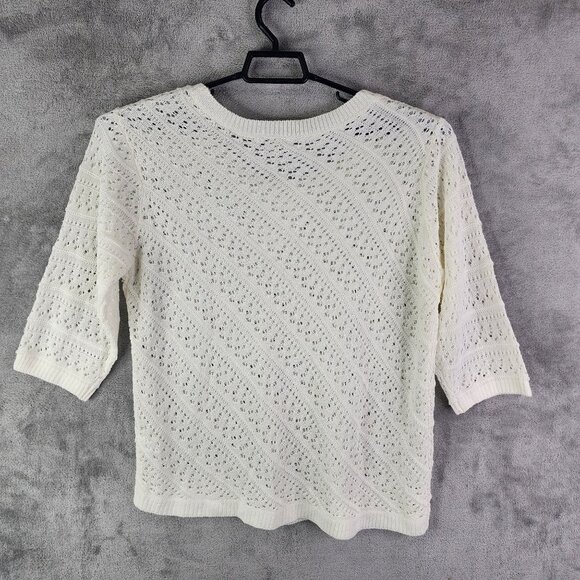 Womens Ivory White Emily Daniels Open-Knit Sweater 3/4 Sleeve Round Neck Size XL - Picture 10 of 13